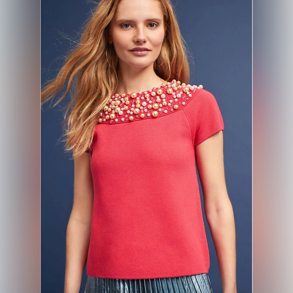 Anthropologie Moth Brienne Pearl Pullover top coral pink sz S org. $148